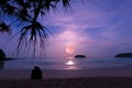 Silhouette of happy couple at luxury fullmoonset . Royalty Free Stock Photo