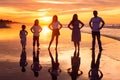 Silhouette of happy diversity generation family holding hands on hips and having fun together on tropical beach at golden sunset Royalty Free Stock Photo