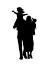 Silhouette happy family father carries daughter on shoulders and mother son in arms