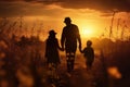 Silhouette of happy family holding hands and walking in the field at sunset, Silhouettes of a happy family holding hands in the Royalty Free Stock Photo