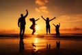 Silhouette of happy family jumping on the beach at beautiful sunset, Happy family jumping together on the beach silhouette, AI Royalty Free Stock Photo