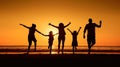 Silhouette of happy family jumping on the beach at sunset. Generative AI Royalty Free Stock Photo