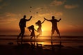 Silhouette of a happy family jumping on the beach at sunset, Happy family jumping together on the beach silhouette, AI Generated Royalty Free Stock Photo