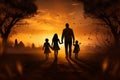 Silhouette happy family walking in a field at sunset Royalty Free Stock Photo