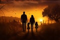 Silhouette happy family walking in a field at sunset Royalty Free Stock Photo