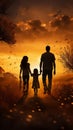 Silhouette happy family walking in a field at sunset Royalty Free Stock Photo