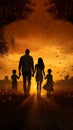 Silhouette happy family walking in a field at sunset Royalty Free Stock Photo