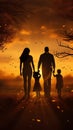 Silhouette happy family walking in a field at sunset Royalty Free Stock Photo