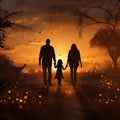 Silhouette happy family walking in a field at sunset Royalty Free Stock Photo