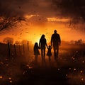 Silhouette happy family walking in a field at sunset Royalty Free Stock Photo