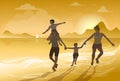 Silhouette of happy family who dancing on the beach at the sunset time. People having fun on the sea. Concept of friendship Royalty Free Stock Photo