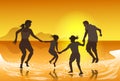 Silhouette of happy family who dancing on the beach at the sunset time. People having fun on the sea. Concept of friendship Royalty Free Stock Photo
