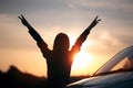 Silhouette of Happy Female Driver Next to her Car Royalty Free Stock Photo