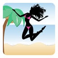 Silhouette of happy girl wearing bikini jumping on beach