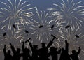 Silhouette of happy graduate students on background of fireworks. Graduation event. Vector illustration Royalty Free Stock Photo