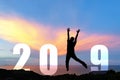 Silhouette happy man jumping congratulation graduation in Happy New year 2019. Freedom lifestyle man jump as part of Number 2019 Royalty Free Stock Photo