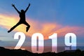 Silhouette happy man jumping congratulation graduation in Happy New year 2019. Royalty Free Stock Photo