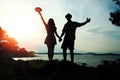 Silhouette of a happy loving couple at sunset on the seashore Royalty Free Stock Photo