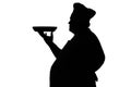 Silhouette of a chief-cooker profile on a white isolated background, man carrying the dish to serve