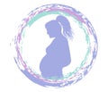 Silhouette of happy pregnant woman in grunge round frame. Mother\'s day. Vector illustration Royalty Free Stock Photo