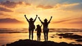 Silhouette of happy travelers raising arms up enjoying life