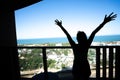 Silhouette happy woman looking sea view Royalty Free Stock Photo