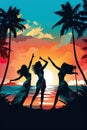 silhouette of happy women friends dancing at beach party at sunset, joyful group of female celebrate on vacation Royalty Free Stock Photo