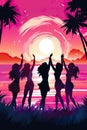 silhouette of happy women friends dancing at beach party at sunset, joyful group of female celebrate on vacation Royalty Free Stock Photo