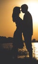 Silhouette of happy young couples at dawn on the river Royalty Free Stock Photo