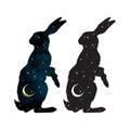 Silhouette of the hare magic animal with night sky with crescent moon gothic tattoo design isolated vector illustration