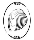 Silhouette of a head of a cute lady in a creative frame. A girl shows her hair on medium and short hair. Suitable for logo,