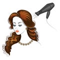 Silhouette of a lady s head. The girl in the beauty salon. A woman does her hair, dries her hair with a hair dryer. Vector Royalty Free Stock Photo