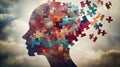 Human Head Silhouette Composed of Colorful Puzzle Pieces Falling Apart Royalty Free Stock Photo