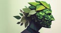 Silhouette of a head from green leaves and branches.Ecologist, Zero Vaste, Vegan and Vegetarian.Caring for nature and