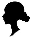 Silhouette of a profile of a sweet lady`s head. The girl shows a female hairstyle on medium and long hair. Suitable for logo,