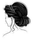 Silhouette of a head of a sweet lady. The girl shows a Greek hairstyle for long and medium hair. The woman is beautiful and