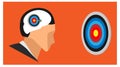 The silhouette of the head thinks about the right arc at the target point. cartoon silhouette head focus on the target circle in