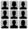 Silhouette heads. Male and female head silhouettes internet avatar, black icons gray square background, woman and man