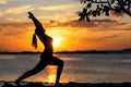 Silhouette healthy woman lifestyle exercising vital meditate and practicing yoga on the rock in beach