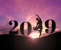 Silhouette of healthy woman practicing yoga on the hill and 2019 years with sky twilight with filter lens flare. concept Royalty Free Stock Photo