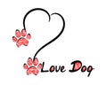 Silhouette of a heart with the inscription Love dog and paws.