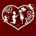 Silhouette of a heart with a couple in love and cupids