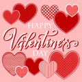 Silhouette of hearts, hand written lettering Happy Valentines day, vector illustration Royalty Free Stock Photo