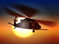 Silhouette helicopter Black hawk helicopter flies in sunset sky. Royalty Free Stock Photo