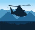 Silhouette helicopter military flying scene