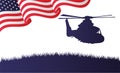 Silhouette helicopter military flying with usa flag