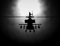 Silhouette of helicopter, soldiers rescue helicopter operations on sunset sky background. Copter in smog. 3D