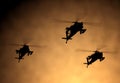 Silhouette of helicopter, soldiers rescue helicopter operations on sunset sky background. Copter in smog. 3D Royalty Free Stock Photo