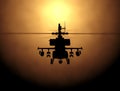 Silhouette of helicopter, soldiers rescue helicopter operations on sunset sky background. Copter in smog. 3D Royalty Free Stock Photo