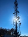 Silhouette of a high cellular telecommunication base station antennas on a sunny day Royalty Free Stock Photo